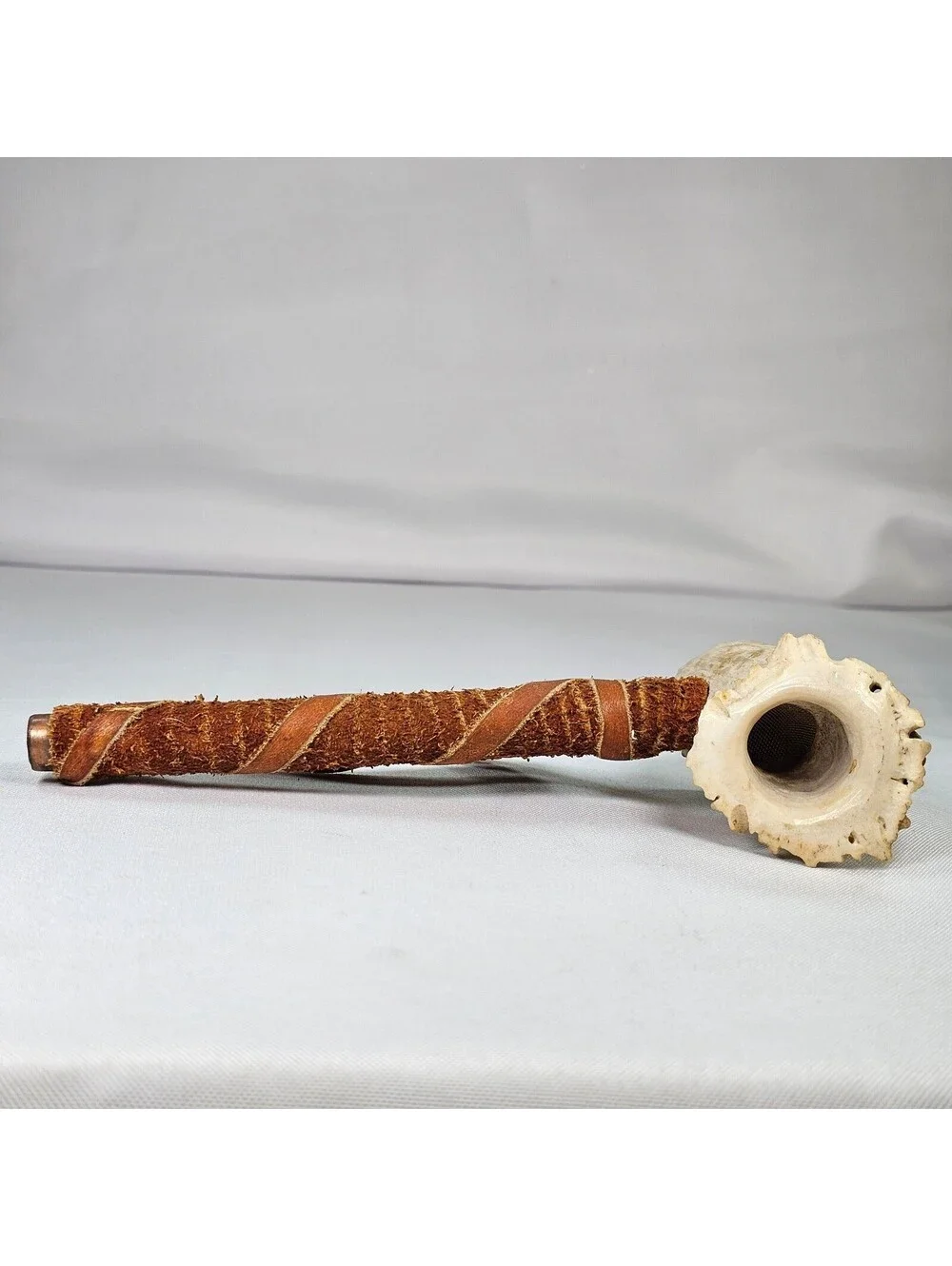 Handmade Antler Peace Pipe Leather Wrapped Stem Copper Tip Rustic 7in New